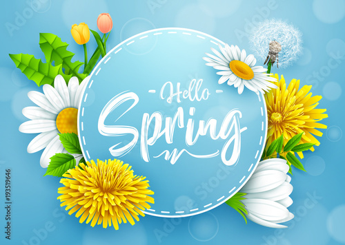Hello spring banner with round frame and various flower on blue background photo