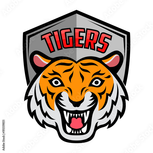 Fototapeta Naklejka Na Ścianę i Meble -  Mascot of orange white tiger's head on shield background