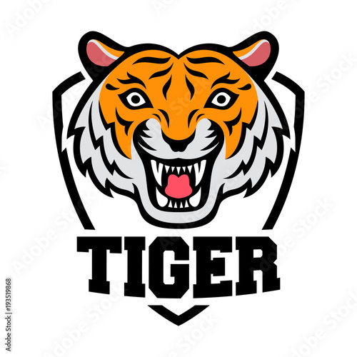 Fototapeta Naklejka Na Ścianę i Meble -  Mascot of orange white tiger's head on shield background