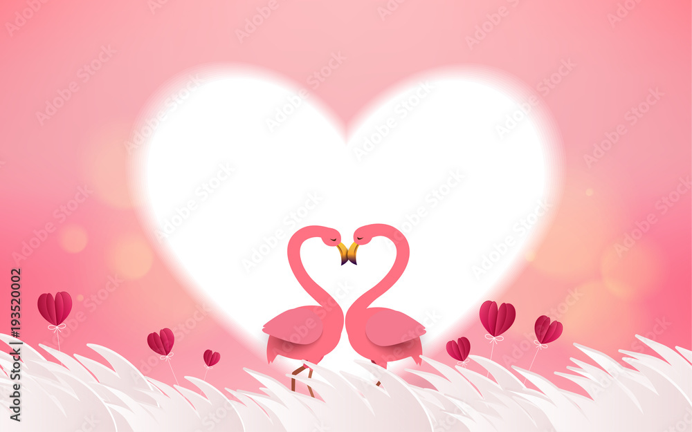 Love and Valentine Day card. Romantic pink flamingo birds join heads to create a heart. Greeting card with love birds and red heart flower. Festive poster for Valentine Day design