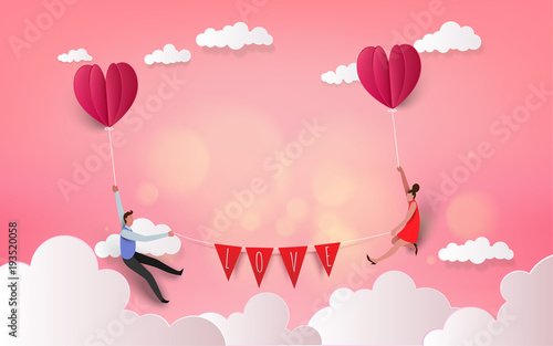 Sweet couple in a hot air balloon on honeymoon vacation summer holidays romance. Love concept. Happy Valentine's Day wallpaper, poster, card. Vector illustration