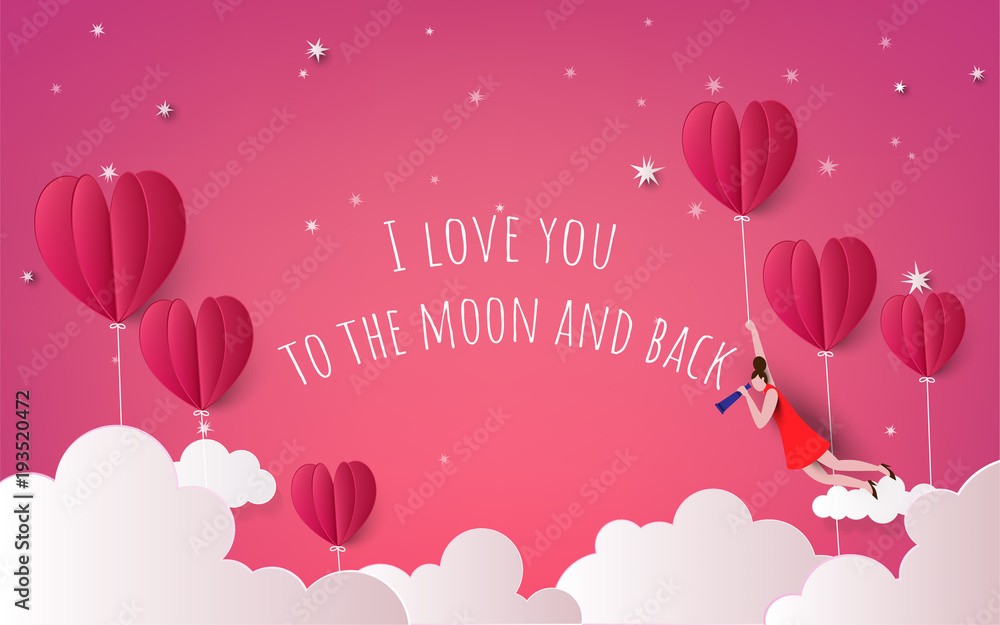 illustration of love and valentine day,Hot air balloon flying over cloudy with the moon and stars on the sky.paper art style