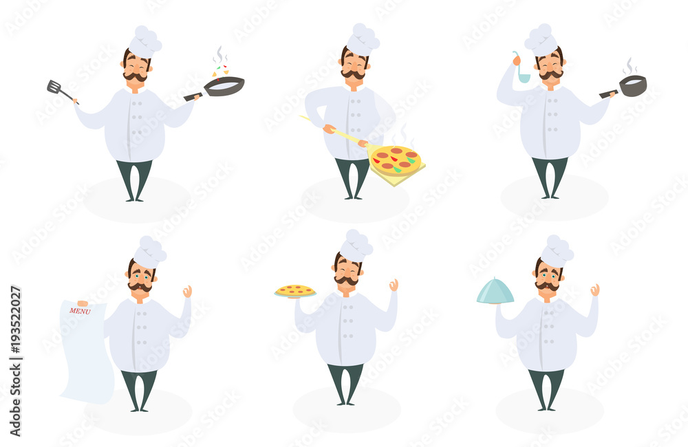 Funny characters of chef in action poses. Funny characters of chef in action poses.