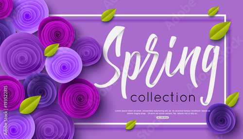 Spring fashion banner with handwritten calligraphy inscription and origami paper flowers for online shopping, sale poster. Vector illustration