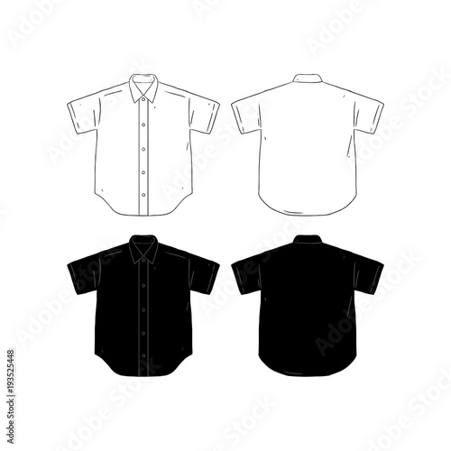 Set of blank short sleeve shirt design template hand drawn vector illustration. Front and back shirt sides. White and black male shirt on white background.