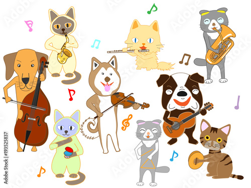 犬と猫のコンサート。犬と猫が楽器を演奏している