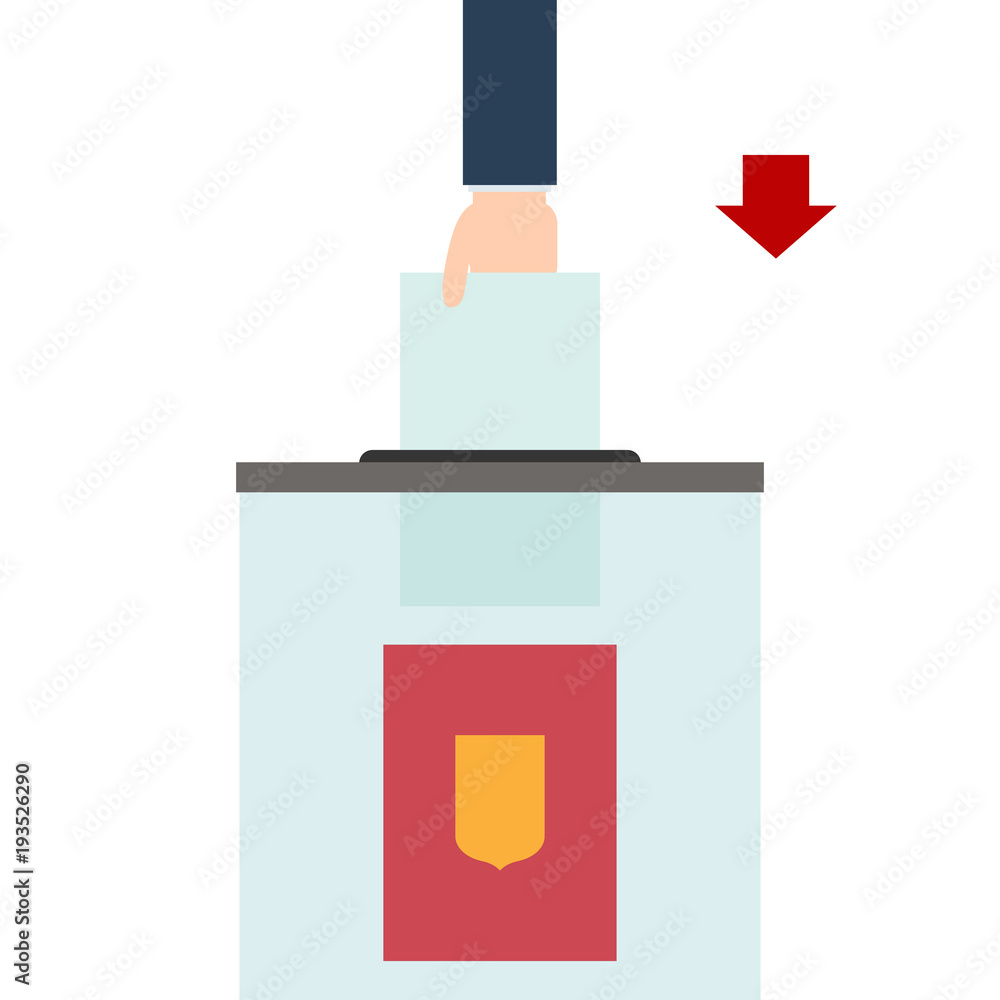 Hand puts the ballot in a stationary box. Vector flat illustration. Hand puts the ballot in a stationary box. Vector flat illustration.