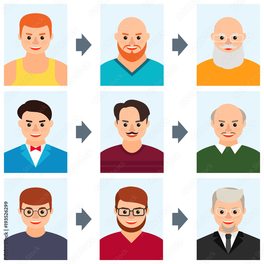 Fototapeta premium Boy, man, grandfather. Set of icons. Vector.