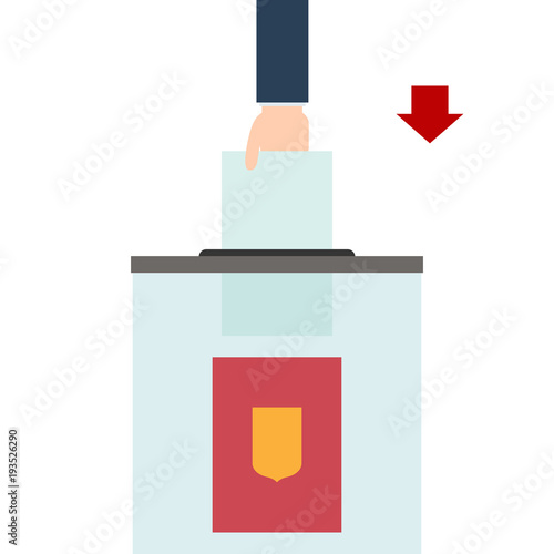 Hand puts the ballot in a stationary box. Vector flat illustration.
