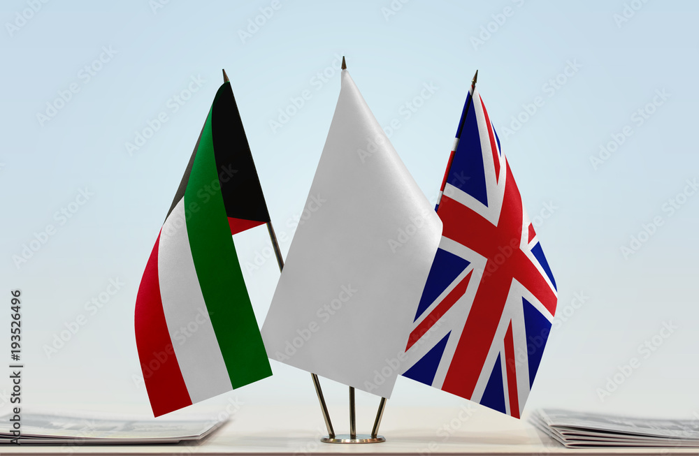 Flags of Kuwait and United Kingdom with a white flag in the middle