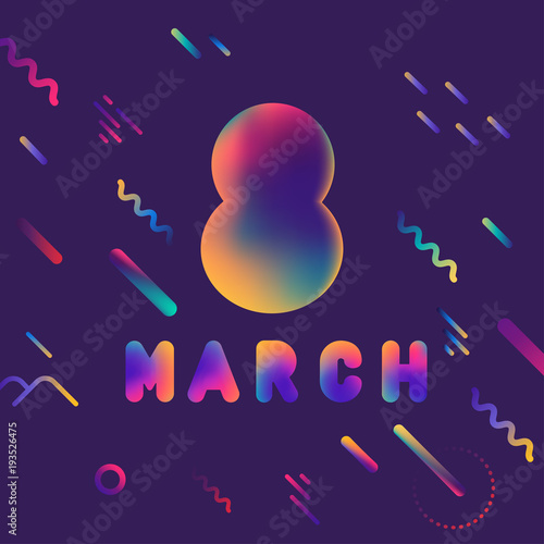 Vector illustration of congratulations on March 8. Space fluid letters and shapes on a dark blue background.