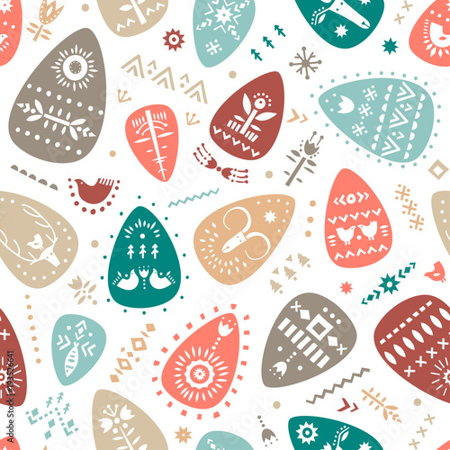 Vector hand drawn Easter pattern of ornamented eggs in Scandinavian style.