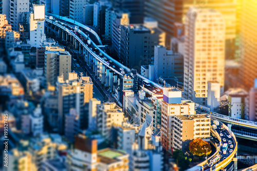 Asia Business concept for real estate and corporate construction - Tokyo Metropolitan Expressway junction in Roppongi Hill, Tokyo, Japan. Miniature Tilt-shift effect