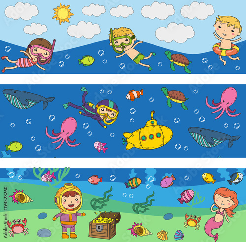 Underwater. Kids waterpark. Sea and ocean adventure. Summertime. Kids drawing. Doodle image. Cartoon creatures with children. Boys and girls swimming