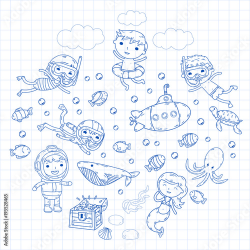 Underwater. Kids waterpark. Sea and ocean adventure. Summertime. Kids drawing. Doodle image. Cartoon creatures with children. Boys and girls swimming