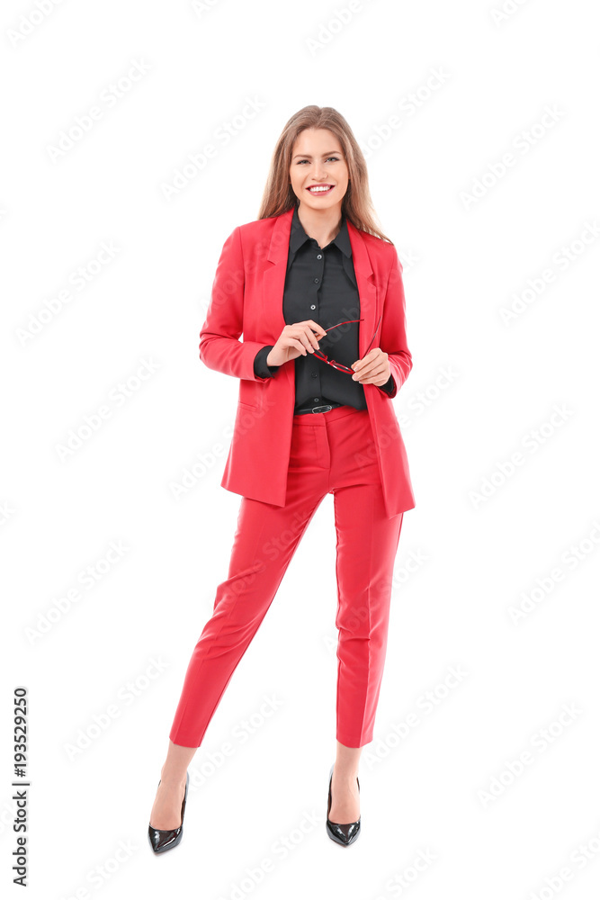 Beautiful young woman in elegant suit on white background Beautiful young woman in elegant suit on white background