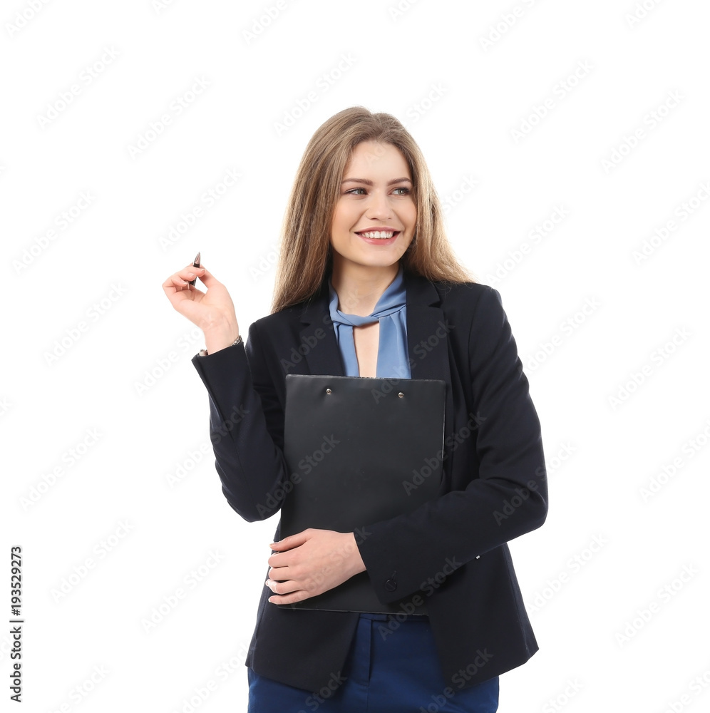 Beautiful young businesswoman in elegant suit and with clipboard on white background Beautiful young businesswoman in elegant suit and with clipboard on white background