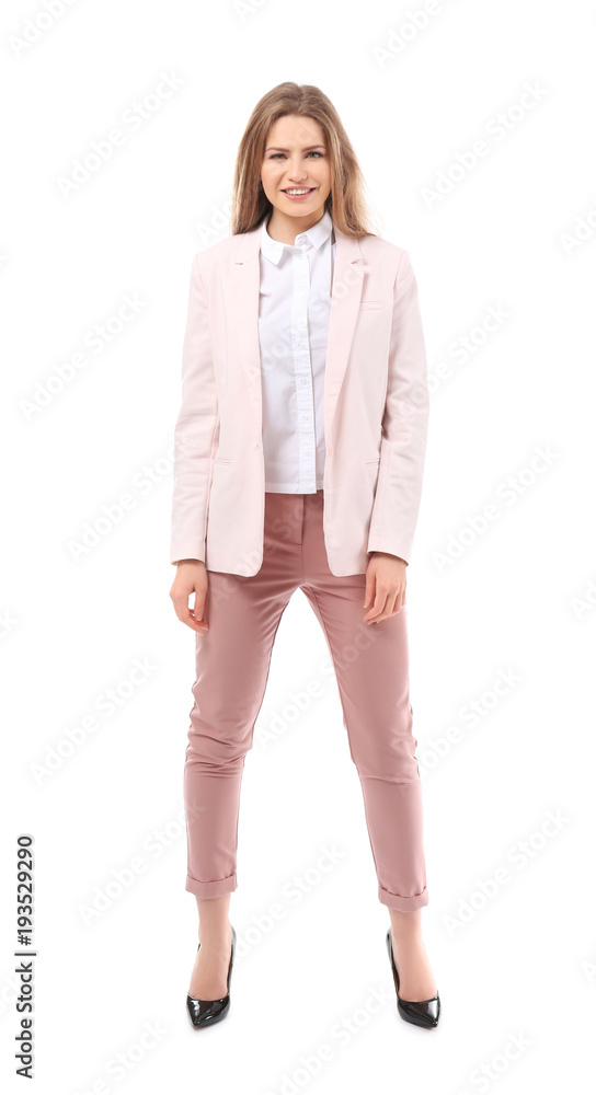 Beautiful young woman in elegant suit on white background Beautiful young woman in elegant suit on white background