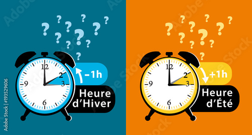 Changement d'heure. Rythme alterné heure d'hiver et heure d'été. Date et question de société. Illustration.