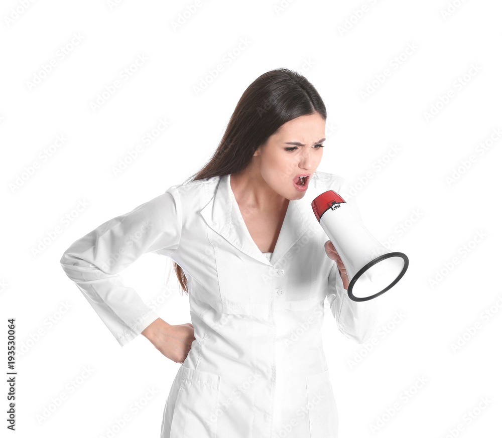 Female doctor with megaphone on white background Female doctor with megaphone on white background
