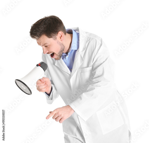 Male doctor with megaphone ...