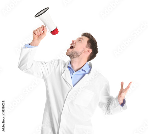 Male doctor with megaphone ...