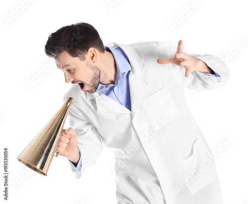 Male doctor with megaphone ...