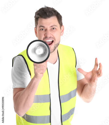 Worker with megaphone on wh...