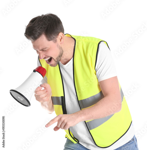 Worker with megaphone on wh...