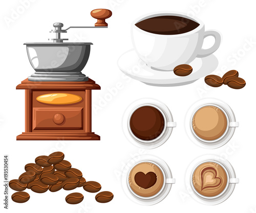 Classic coffee grinder with a bunch of coffee beans manual coffee mill and a cup of coffee cup vector illustration isolated on white background