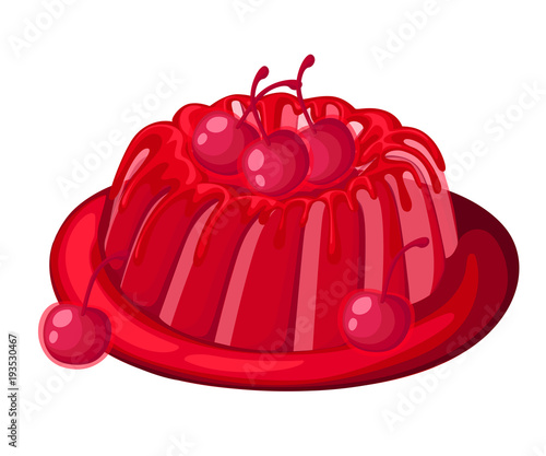 Cute red transparent cherry jelly pie on a plate fruit gelatin dessert decorated cherry vector illustration isolated on white background web site page and mobile app design