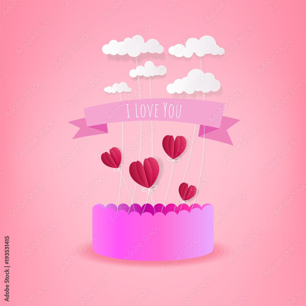 Concept of happy valentine day, Hot air balloons heart shape float on sky, Paper cut style Concept of happy valentine day, Hot air balloons heart shape float on sky, Paper cut style
