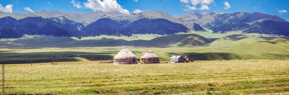 Yurts on the mountain plateau of Assy. Almaty region, Kazakhstan.