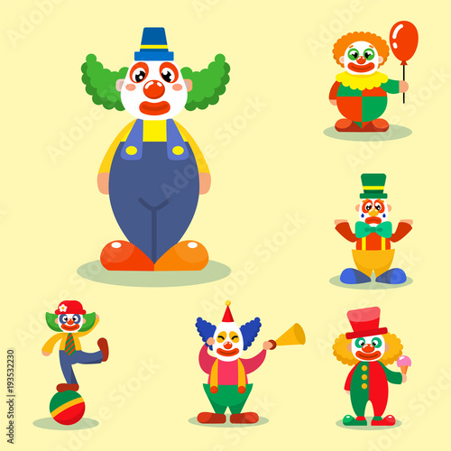 Clown vector circus man characters performer carnival actor makeup clownery juggling clownish human cartoon illustrations
