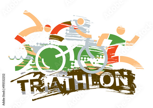 Triathlon race signs expressive stylized. 
Three triathlon athletes on the grunge background with inscription triathlon. Vector available. 
