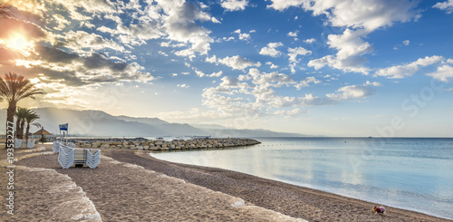 Morning on central public beach in Eilat - famous resort city in Israel