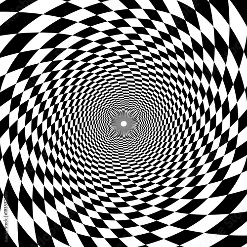 psychedelic tunnel, chessboard pattern in black and white, trumpet, twisted spiral on white background