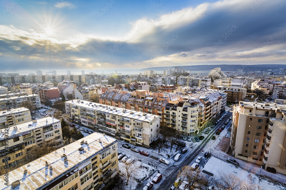 Panorama of Varna city covered with snow