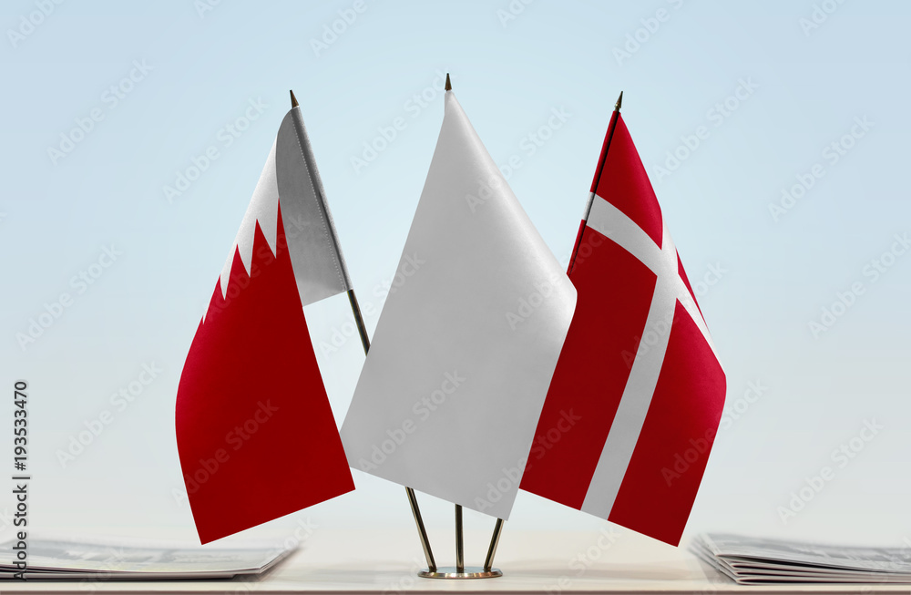 Flags of Bahrain and Denmark with a white flag in the middle Flags of Bahrain and Denmark with a white flag in the middle