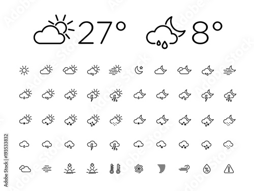 Set of 50 simple modern thin line weather icons for web or mobile app. Clean sharp outline flat design with day and night. Easy to change width of lines. Isolated black stroke on white backround.