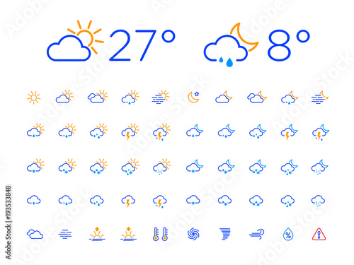 Set of 50 simple modern thin line weather icons for web or mobile app. Clean sharp outline flat design with day and night. Easy to change width of lines. Blue color style on white backround.