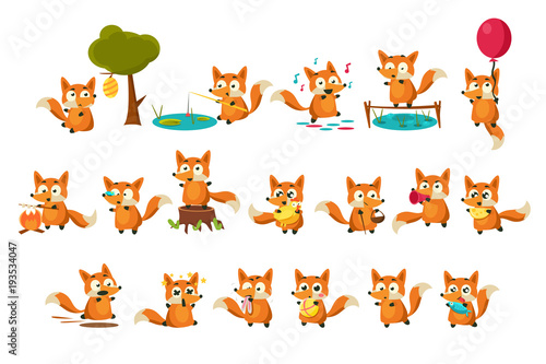 Cute fox cub character doing different activities set, funny forest animal in different situations vector Illustrations on a white background