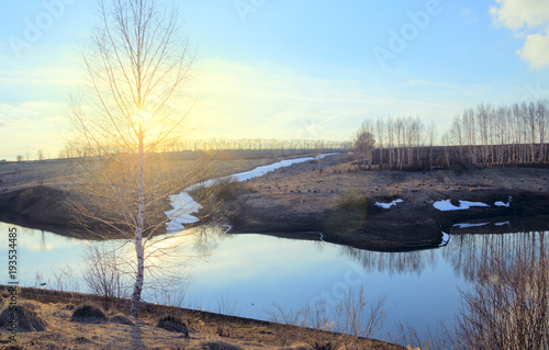 Springtime.Sunny spring colorful landscape with river and bare birches growing on the riverbank.Warm sunlight at sunset.Clouds in blue sky.Beautiful view.
