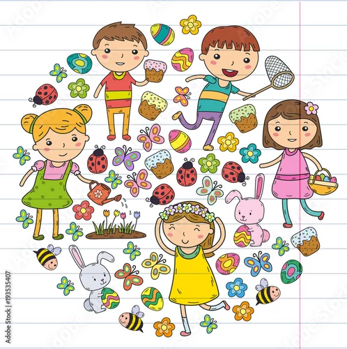 Obraz Wiosna. Święta Wielkanocne. Ogródek Dzieci bawią się. Ciasto wielkanocne, króliczek, królik. Chłopców i dziewcząt. Wiosenne wakacje w przedszkolu lub szkole. Motyl, pszczoła i kwiaty. Wektor zbiory obrazu