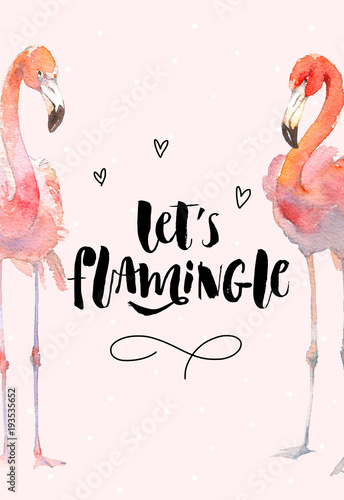 Hand drawn flamingo couple. Pink tropical birds. Lets flamingle Lettering quote with hearts. photo