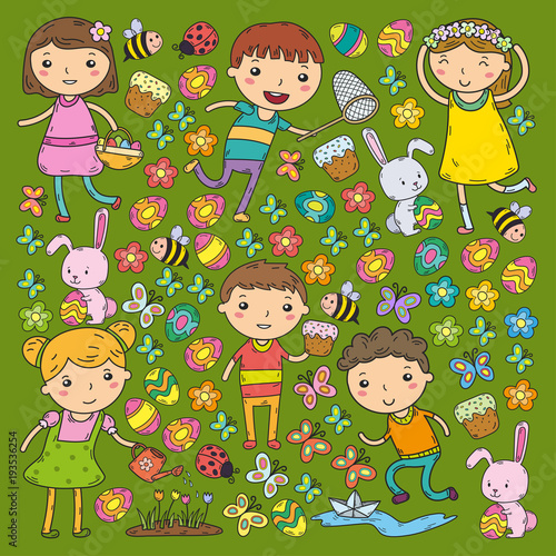 Naklejka na ścianę Wiosna. Święta Wielkanocne. Ogródek Dzieci bawią się. Ciasto wielkanocne, króliczek, królik. Chłopców i dziewcząt. Wiosenne wakacje w przedszkolu lub szkole. Motyl, pszczoła i kwiaty. Wektor zbiory obrazu