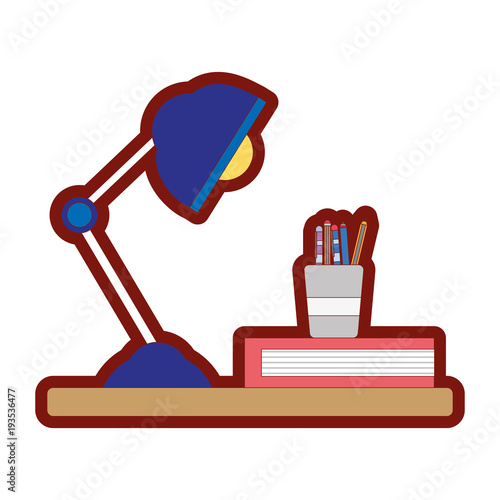 line color wood shelf with desk lamp and office utensils