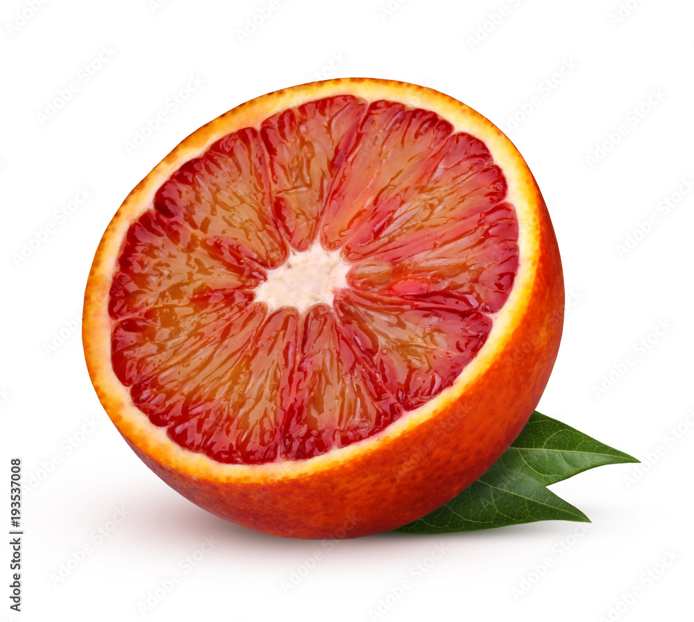 Photography Poster Half red blood orange with leaves isolated on