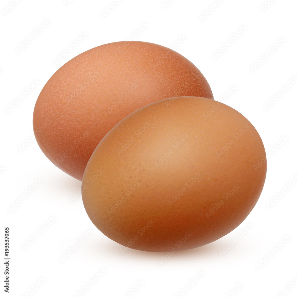 two chicken eggs isolated on white background.