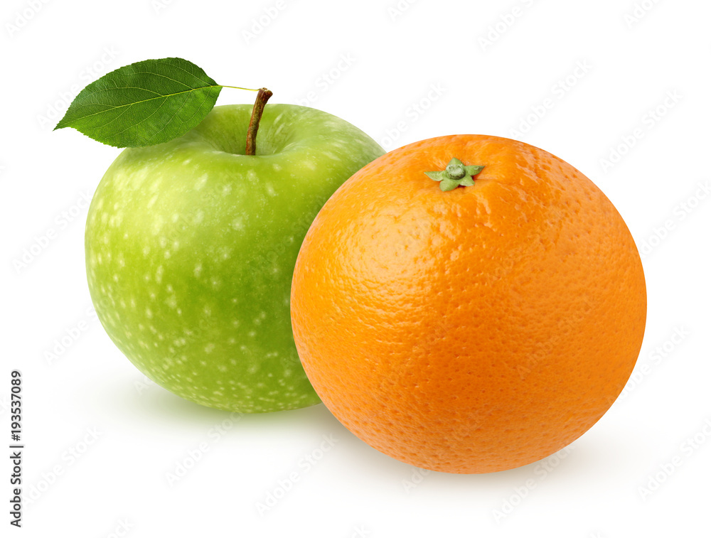 Green Apple with leaf and orange, isolated on white Green Apple with leaf and orange, isolated on white